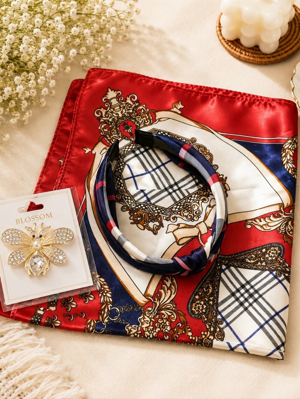 Red & Navy Patterned Silk Scarf with Plaid Headband